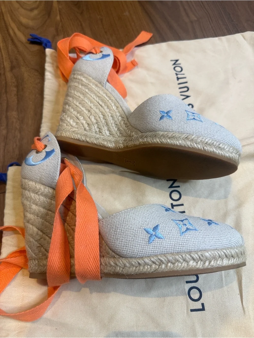 Louis Vuitton Women's White & Blue Espadrille Wedge Sandals